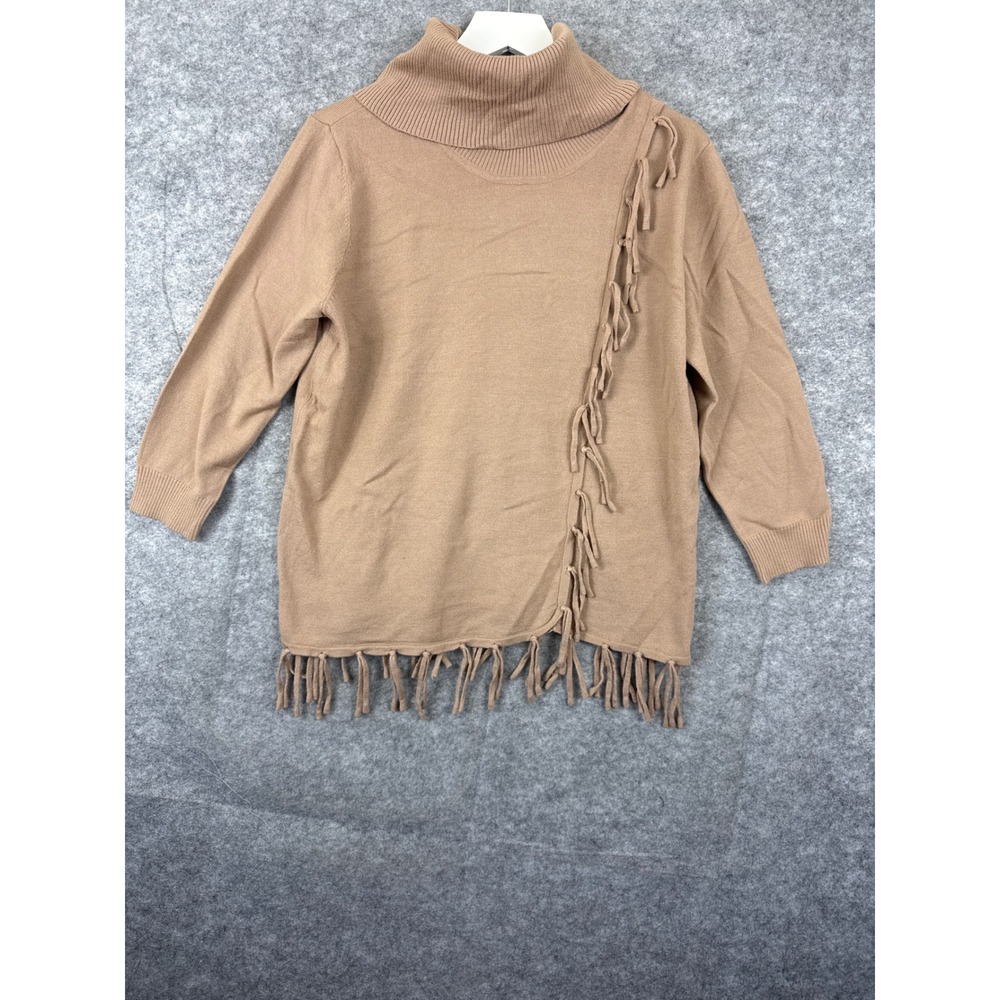 Adrienne Vittadini Tan Fringe Turtleneck Sweater Boho Knit‎ Top VS64187 Size M